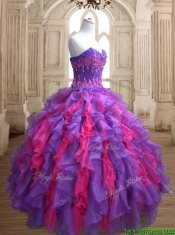 Cheap Applique and Ruffled Quinceanera Dress in Purple and Hot Pink