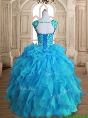Cheap Straps Beading and Ruffles Quinceanera Dress in Aqua Blue
