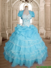 Classical Really Puffy Baby Blue Quinceanera Dress with Ruffled Layers and Beading