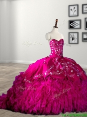 Classical Rhinestoned and Ruffled Fuchsia Quinceanera Dress with Brush Train