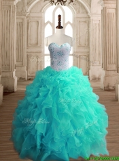 Classical Turquoise Organza Sweet 16 Dress with Beading and Ruffles