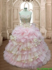 Discount Applique and Ruffled Layers Quinceanera Dress in Baby Pink and Yellow