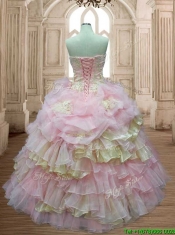 Discount Applique and Ruffled Layers Quinceanera Dress in Baby Pink and Yellow