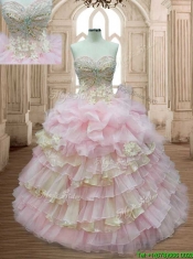 Discount Applique and Ruffled Layers Quinceanera Dress in Baby Pink and Yellow
