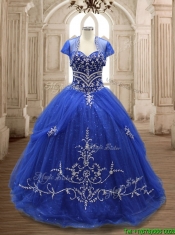 Elegant Applique Royal Blue Sweet 16 Dress with Brush Train