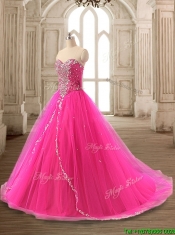 Elegant Beaded Hot Pink Sweet 16 Gown with Brush Train