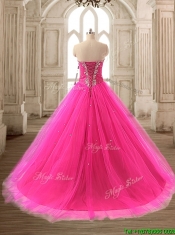 Elegant Beaded Hot Pink Sweet 16 Gown with Brush Train