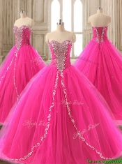 Elegant Beaded Hot Pink Sweet 16 Gown with Brush Train
