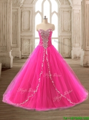 Elegant Beaded Hot Pink Sweet 16 Gown with Brush Train