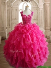 Exclusive Straps Hot Pink Quinceanera Dress with Beading and Ruffles