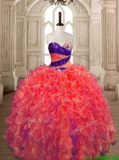 Exquisite Big Puffy Beaded and Ruffled Quinceanera Dress in Orange Red