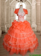 Exquisite Orange Red Big Puffy Quinceanera Dress with Ruffled Layers and Beading