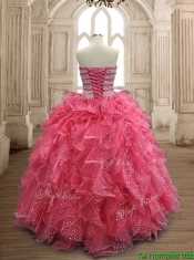 Fashionable Beaded and Ruffled Coral Red Quinceanera Dress in Organza