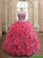 Fashionable Beaded and Ruffled Coral Red Quinceanera Dress in Organza