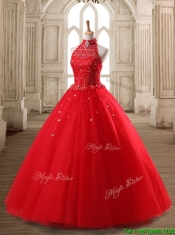Fashionable Halter Top Beaded Tulle Quinceanera Dress in Red