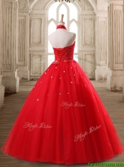 Fashionable Halter Top Beaded Tulle Quinceanera Dress in Red