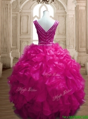 Gorgeous Deep V Neckline Beading and Ruffles Quinceanera Dress in Fuchsia