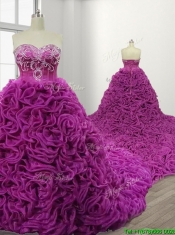 Gorgeous Rolling Flowers Court Train Quinceanera Gown with Beading