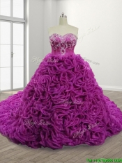 Gorgeous Rolling Flowers Court Train Quinceanera Gown with Beading