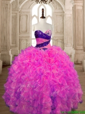 Inexpensive Big Puffy Hot Pink Quinceanera Dress with Beading and Ruffles