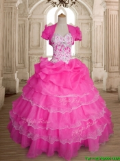 Inexpensive Hot Pink Organza Quinceanera Dress with Ruffled Layers and Beading