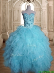 Latest Beaded and Ruffled Tulle Quinceanera Dress in Baby Blue