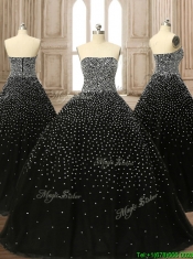 Latest Strapless Beading Black Quinceanera Dress with Brush Train