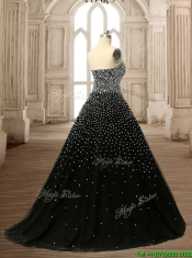 Latest Strapless Beading Black Quinceanera Dress with Brush Train