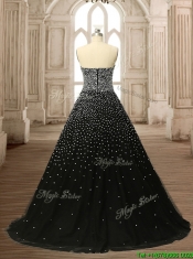 Latest Strapless Beading Black Quinceanera Dress with Brush Train