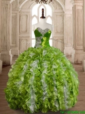 Lovely Olive Green and White Quinceanera Dress with Beading and Ruffles