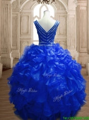 Modest Beaded and Ruffled Deep V Neckline Quinceanera Dress in Royal Blue