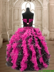 Modest Hot Pink and Black Quinceanera Dress with Beading and Ruffles