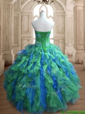 Most Popular Applique and Ruffled Quinceanera Dress in Green and Blue