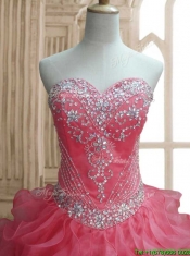 New Style Beaded and Ruffled Quinceanera Dress in Watermelon