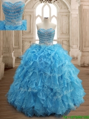 Perfect Aqua Blue Organza Quinceanera Dress with Beading and Ruffles