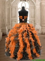 Perfect Orange and Black Sweet 16 Dress with Beading and Ruffles