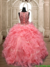 Perfect Scoop Beaded and Ruffled Quinceanera Dress in Watermelon Red