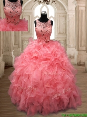 Perfect Scoop Beaded and Ruffled Quinceanera Dress in Watermelon Red