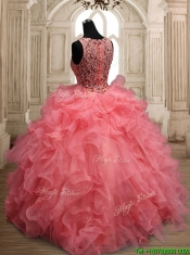 Perfect Scoop Beaded and Ruffled Quinceanera Dress in Watermelon Red