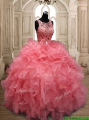 Perfect Scoop Beaded and Ruffled Quinceanera Dress in Watermelon Red