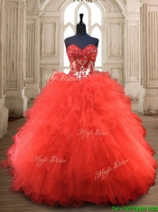Popular Red Really Puffy Quinceanera Gown with Appliques and Ruffles