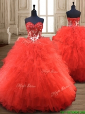 Popular Red Really Puffy Quinceanera Gown with Appliques and Ruffles