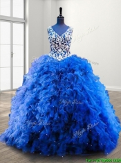 Popular V Neck Beading and Ruffles Sweet 16 Dress in Royal Blue