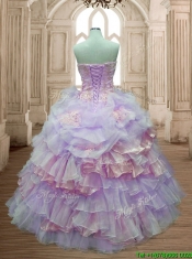 Pretty Lavender and Pink Quinceanera Dress with Ruffled Layers and Appliques