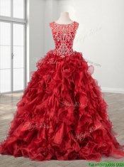 See Through Beaded Scoop Wine Red Quinceanera Dress with Brush Train