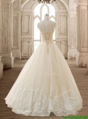 See Through High Neck Champagne Quinceanera Dress with Beading and Appliques