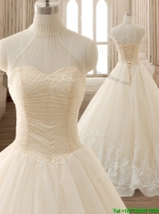 See Through High Neck Champagne Quinceanera Dress with Beading and Appliques