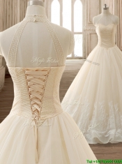 See Through High Neck Champagne Quinceanera Dress with Beading and Appliques