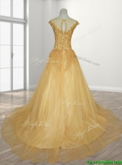See Through Scoop A Line Beading Quinceanera Gown with Brush Train