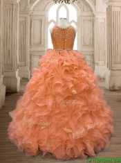 See Through Scoop Beaded and Ruffles Quinceanera Dress in Orange